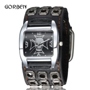 Montre Bracelet de sport Punk gothique pour hommes Quartz Bracelet en cuir cr ne cadeaux