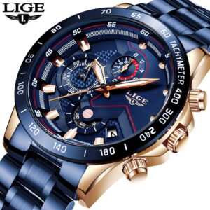 LIGE Montre avec dessus en acier inoxydable pour homme chronographe quartz de marque luxueuse de style