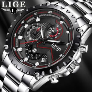LIGE montre Quartz pour hommes marque de luxe argent acier inoxydable tanche 30m chronographe militaire 2021