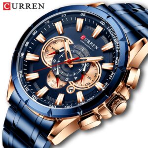 Curren montre bracelet Quartz bleu pour hommes marque de luxe grand cadran chronographe Sport en acier