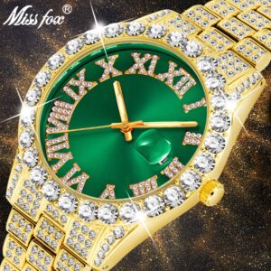 Livraison directe MISSFOX hommes montres or grand diamant marques c l bres cadran vert calendrier montre