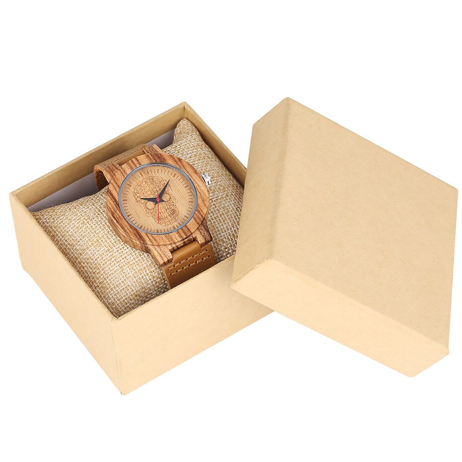 💀Une Montre Spéciale en bois avec gravure de crâne Montre Quartz en bois pour homme Unique avec t te de mort et fleurs grav es 3