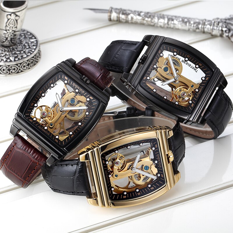 « L’Ossement Steampunk: Montres Originales pour Hommes, Réflexe Inné et Enchaînement à Remontage Transparent » – « Chrono-Faute » Montre de luxe transparente automatique m canique squelette Steampunk engrenage remontage automatique en cuir horloge pour 5