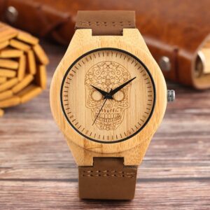 Montre en bois pour hommes montre bracelet en cuir Quartz Sculpture fleur affichage t te de