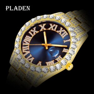 Montre en or pour hommes bracelet de diamant glac tanche cadran bleu Steampunk Quartz bijoux livraison