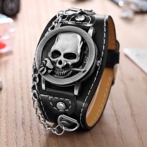 « La Mortelle Violetta: Montres Originales pour Hommes en 2019 » Steampunk montre bracelet en cuir pour hommes avec couvercle rabattable t te de mort Quartz avec