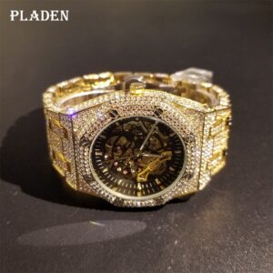 "Luxus - Montre automatique Hip Hop avec diamants et acier, Tourbillon glacé".
