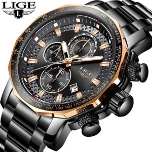 "LIGE Chrono - Montre à Quartz pour Hommes, Sportive et Élégante, Marque de Luxe, Acier Inoxydable, Résistante à l'Eau, Grand Cadran."