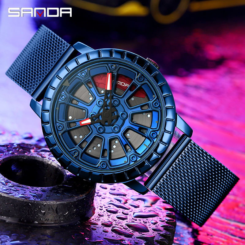 Montre-bracelet en acier Spinning 3D pour homme, jante de roue de voiture, moyeu, montre à quartz unique, roue de course, offre spéciale, mode 360 Montre-bracelet en acier Spinning 3D pour homme, jante de roue de voiture, moyeu, montre à quartz unique, roue de course, offre spéciale, mode 360 – Image 2
