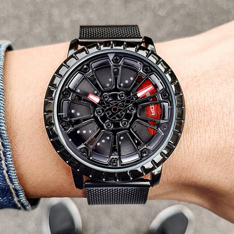Montre-bracelet en acier Spinning 3D pour homme, jante de roue de voiture, moyeu, montre à quartz unique, roue de course, offre spéciale, mode 360 Montre-bracelet en acier Spinning 3D pour homme, jante de roue de voiture, moyeu, montre à quartz unique, roue de course, offre spéciale, mode 360