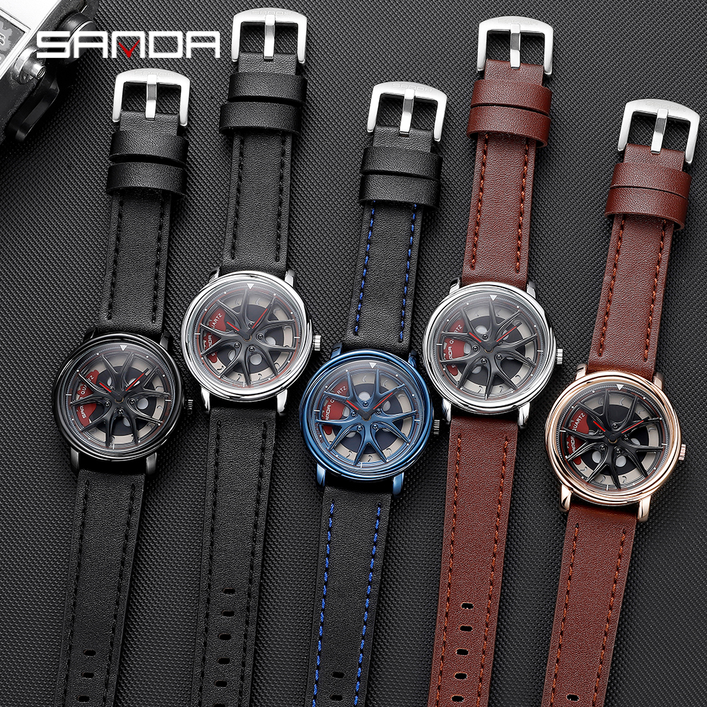 Montre de moyeu de jante de voiture pour hommes, montre-bracelet de conception personnalisée, roue en cuir étanche, cadran rotatif, mode Montre de moyeu de jante de voiture pour hommes, montre-bracelet de conception personnalisée, roue en cuir étanche, cadran rotatif, mode – Image 3