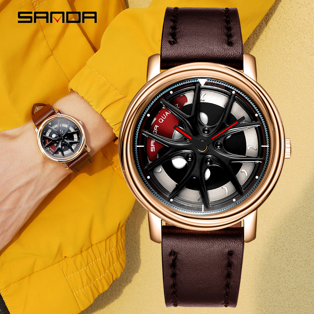 Montre de moyeu de jante de voiture pour hommes, montre-bracelet de conception personnalisée, roue en cuir étanche, cadran rotatif, mode Montre de moyeu de jante de voiture pour hommes, montre-bracelet de conception personnalisée, roue en cuir étanche, cadran rotatif, mode – Image 5