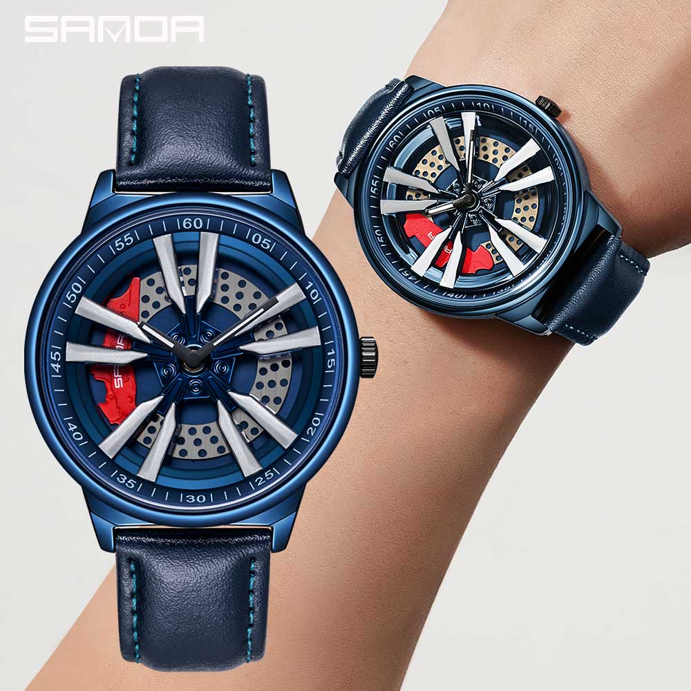 Montre de sport en cuir étanche pour homme, horloge à quartz, roue de jante de voiture de course rotative à 360 °, cadran rotatif, offre spéciale Montre de sport en cuir étanche pour homme, horloge à quartz, roue de jante de voiture de course rotative à 360 °, cadran rotatif, offre spéciale