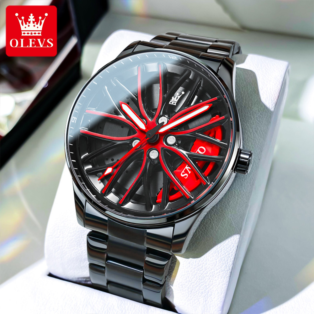 OLEVS – montre à Quartz pour hommes, cadran de moyeu de jante de voiture, noir et rouge, étanche, entièrement en acier OLEVS – montre à Quartz pour hommes, cadran de moyeu de jante de voiture, noir et rouge, étanche, entièrement en acier – Image 2