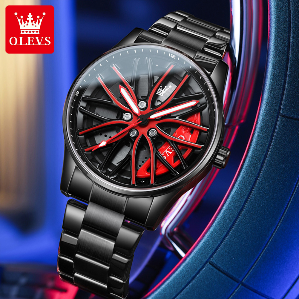 OLEVS – montre à Quartz pour hommes, cadran de moyeu de jante de voiture, noir et rouge, étanche, entièrement en acier OLEVS – montre à Quartz pour hommes, cadran de moyeu de jante de voiture, noir et rouge, étanche, entièrement en acier – Image 3