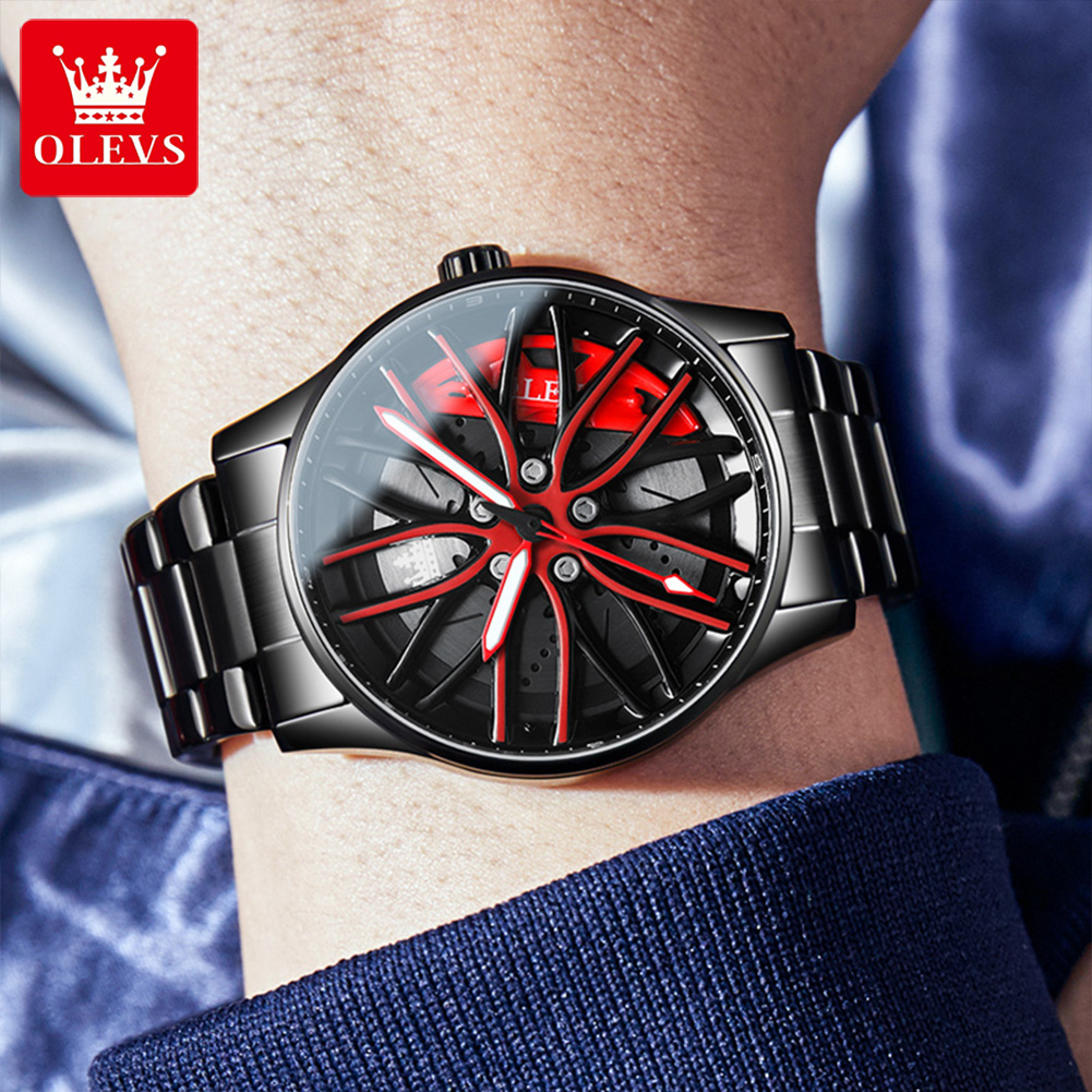 OLEVS – montre à Quartz pour hommes, cadran de moyeu de jante de voiture, noir et rouge, étanche, entièrement en acier OLEVS – montre à Quartz pour hommes, cadran de moyeu de jante de voiture, noir et rouge, étanche, entièrement en acier – Image 5