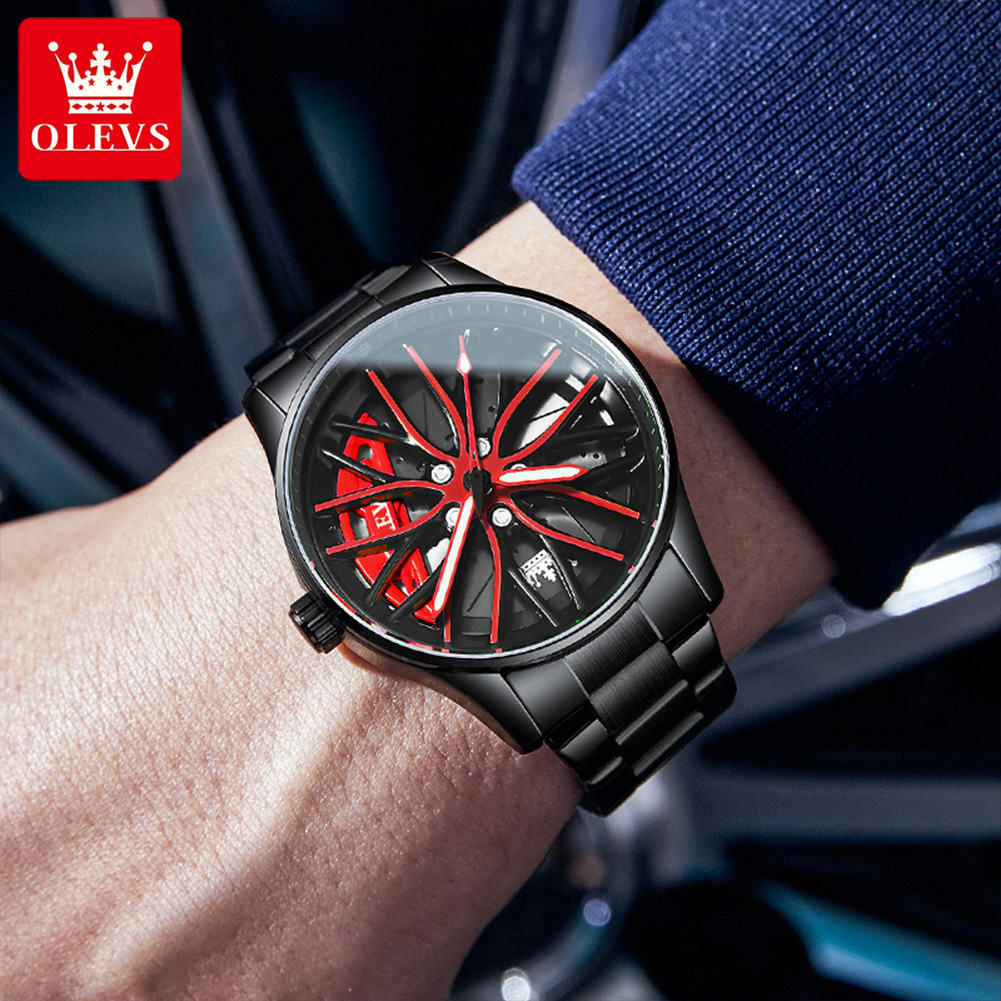 OLEVS – montre à Quartz pour hommes, cadran de moyeu de jante de voiture, noir et rouge, étanche, entièrement en acier OLEVS – montre à Quartz pour hommes, cadran de moyeu de jante de voiture, noir et rouge, étanche, entièrement en acier – Image 6