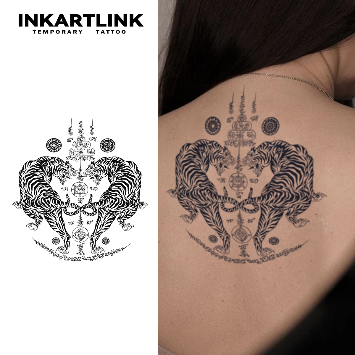 Tatouage semi-permanent INKARTLINK, nouveaux autocollants de tatouage double tigre thaïlandais, imperméable, aspect de tatouage réel, tatouage végétal. kf S286379687f844f1d9a7d098432979706B