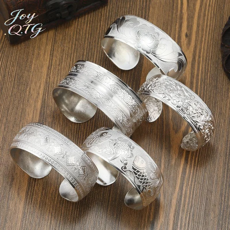 Nouveau Style ethnique bohème rétro argent large Bracelet pour femmes sculpté fleur ouverture à la mode Bracelet Boho Vintage bijoux kf S156554c33da14265a34a9fa6c21a0e17y