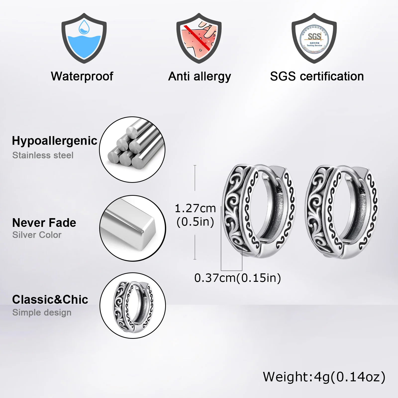 Boucles d’oreilles Punk en acier inoxydable pour hommes et adolescents, petites boucles d’oreilles Huggies hypoallergéniques et imperméables, bijoux Cool Rock Hip Hop kf S2049791bb0fa44b3b9f8db6002065ea48