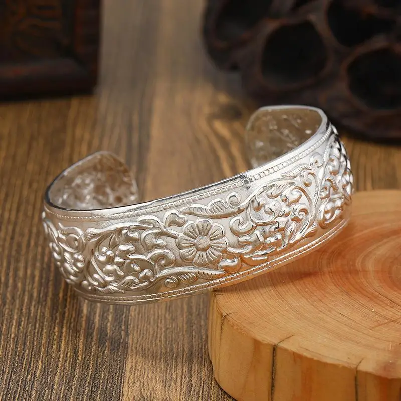 Nouveau Style ethnique bohème rétro argent large Bracelet pour femmes sculpté fleur ouverture à la mode Bracelet Boho Vintage bijoux kf S26d4e0e042cd4cee9a9d1f410b55dc45K