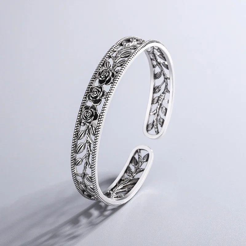 Nouveaux Bracelets creux rétro feuille de Rose, bijoux en argent Sterling 925, personnalité de tempérament, fleur douce, Bracelets d’ouverture TYB119 kf S4c3f2940aa85400794865b2b52f04ca7P