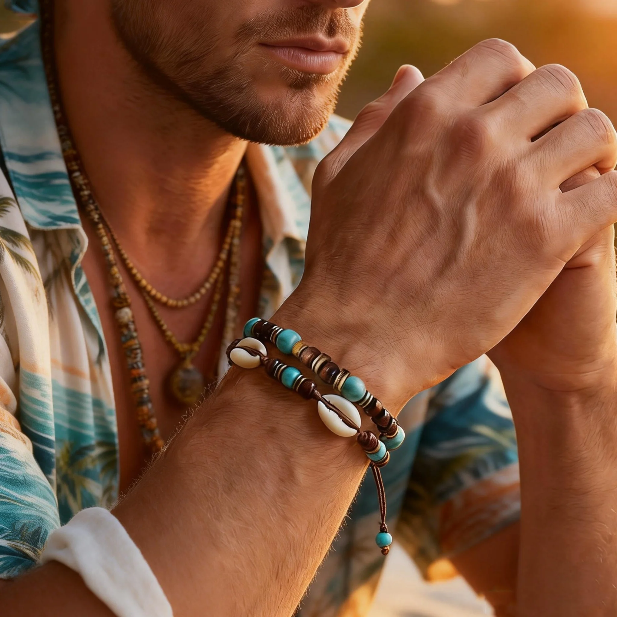 Ensemble de 2 bracelets ajustables en corde tressée avec perles de coquillage et coquille de noix de coco pour hommes, bijoux de mode océanique et de plage, cadeaux kf S55d8b97aaa6d4d3999886c4a43691605w