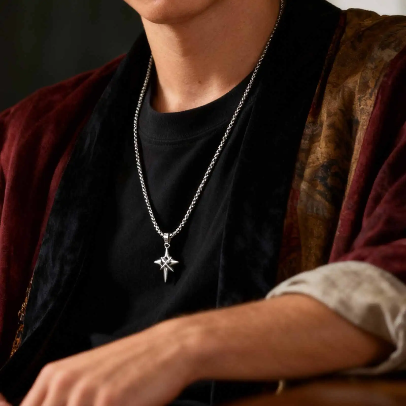 Collier minimaliste en acier inoxydable pour hommes, pendentif étoile croix en Zircon noir, bijoux Punk Hip Hop, cadeaux kf S5f10a33173a44fa7b6ee441c3403552bw