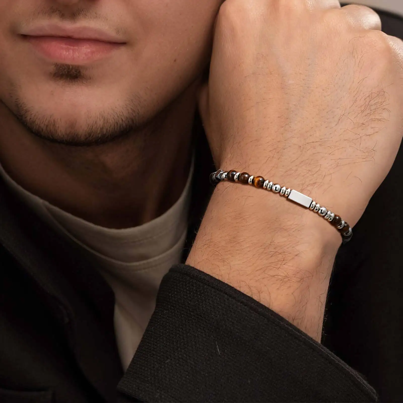 Vnox Bracelet de perles fait à la main avec pierre naturelle (malachite/obsidienne/turquoise/oeil de tigre), bijoux de style bohème pour hommes kf S677415856e824f3bb167a04281963aadl