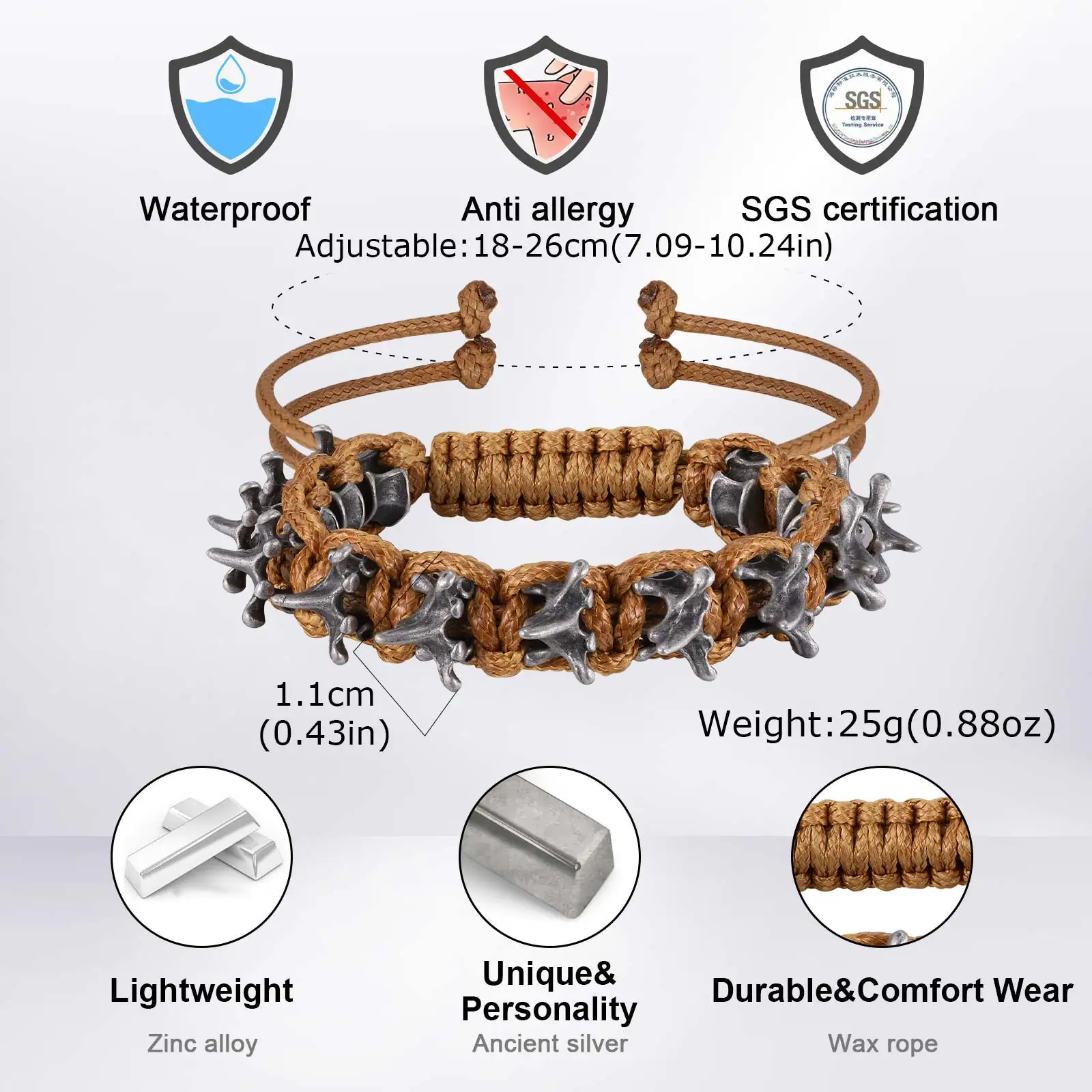Bracelet ajustable en corde tressée avec épines de dragon gothique en métal pour hommes, bijoux punk hip-hop kf S6cf7435384fd47a5a3791474f0544232r