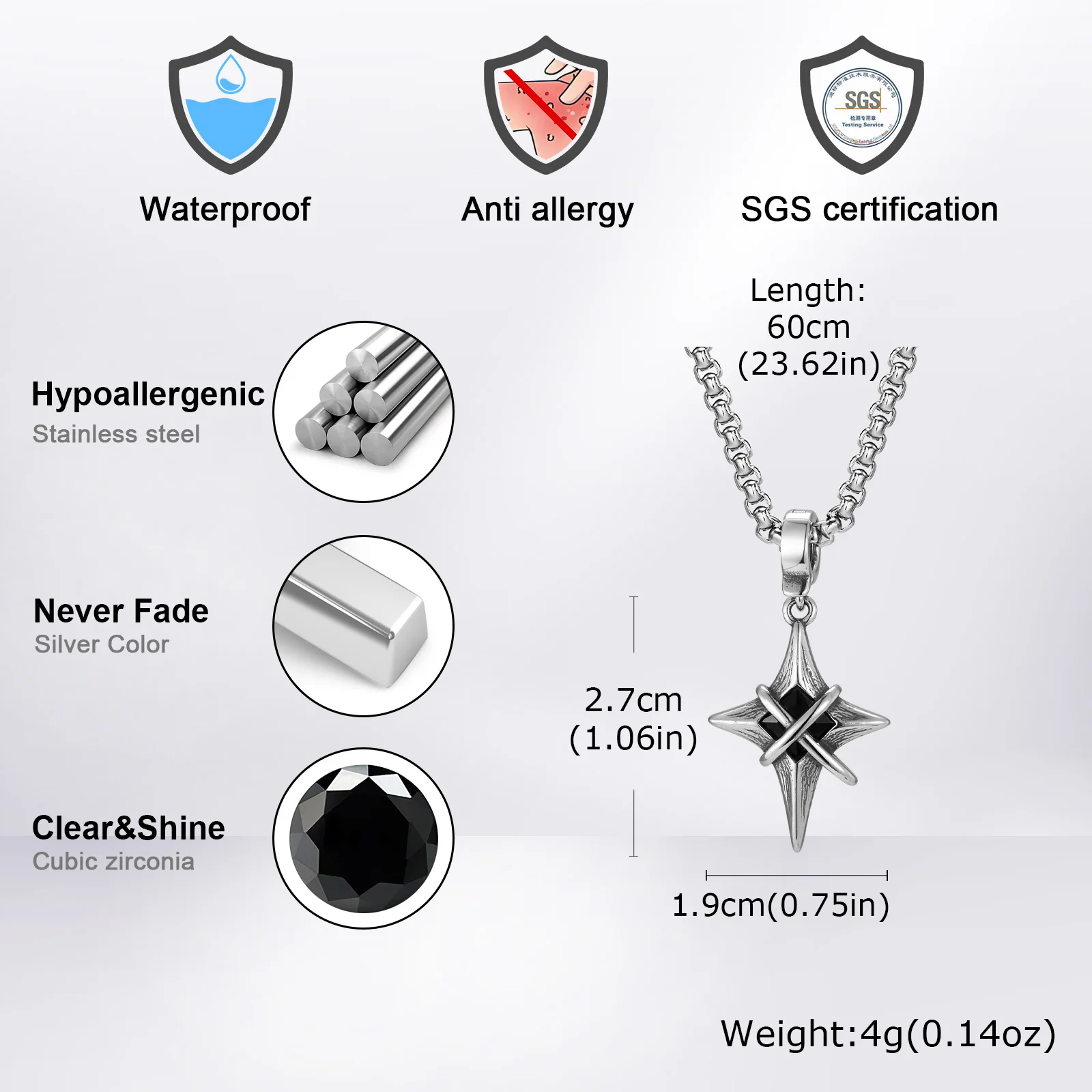 Collier minimaliste en acier inoxydable pour hommes, pendentif étoile croix en Zircon noir, bijoux Punk Hip Hop, cadeaux kf S7349ba948ea74e25b2606ea574009a233