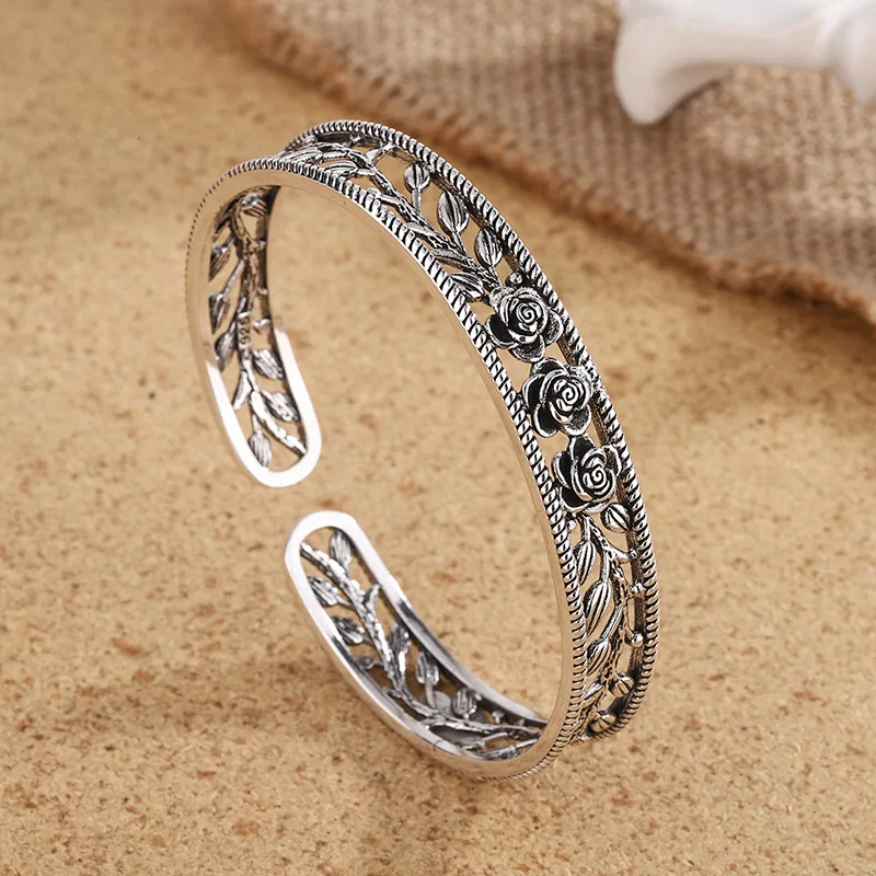 Nouveaux Bracelets creux rétro feuille de Rose, bijoux en argent Sterling 925, personnalité de tempérament, fleur douce, Bracelets d’ouverture TYB119 kf S7cdc76cf87cb4a00aca1ed9d64c25312z