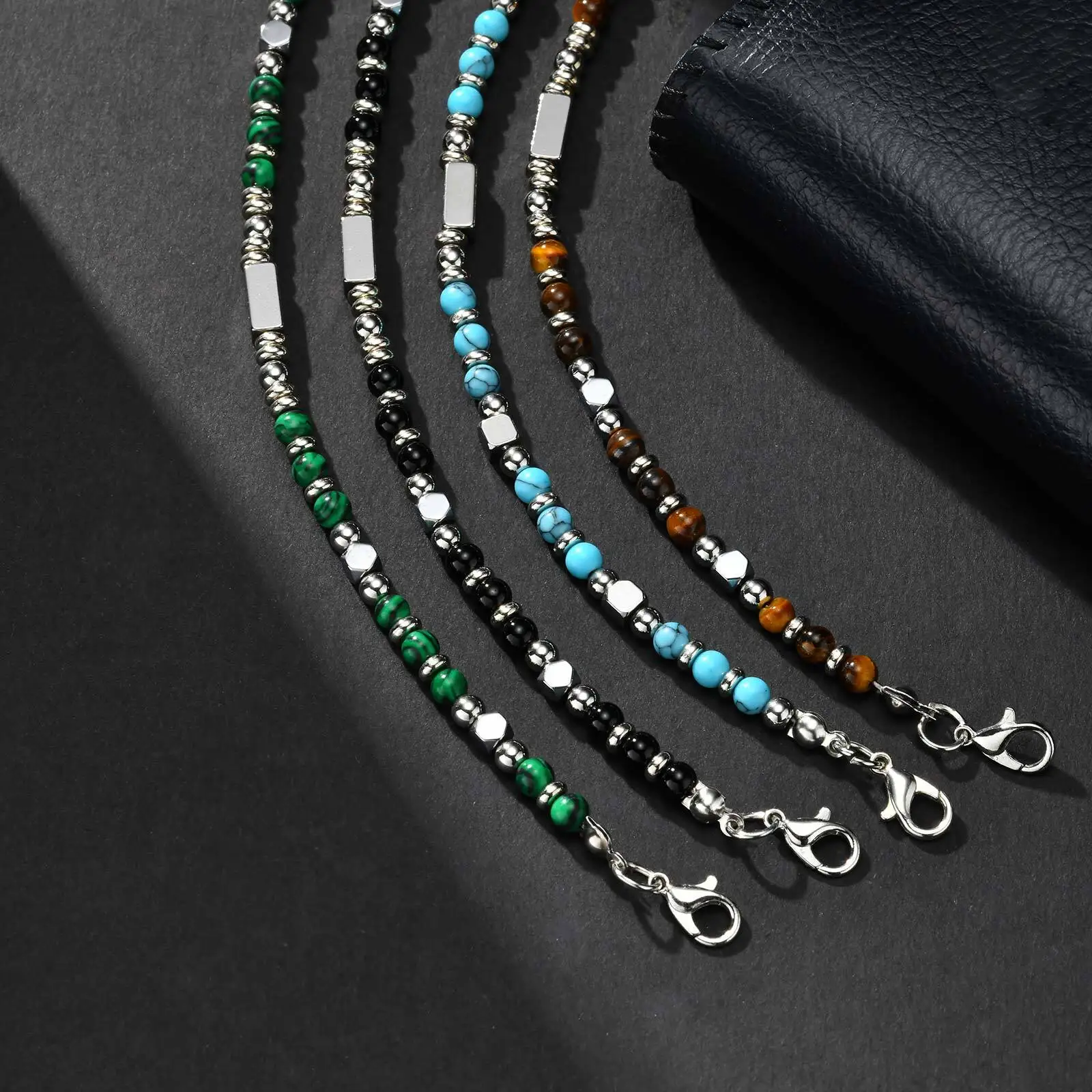 Vnox Bracelet de perles fait à la main avec pierre naturelle (malachite/obsidienne/turquoise/oeil de tigre), bijoux de style bohème pour hommes kf S7de74c49267e43b2b04e268d477bbefaJ