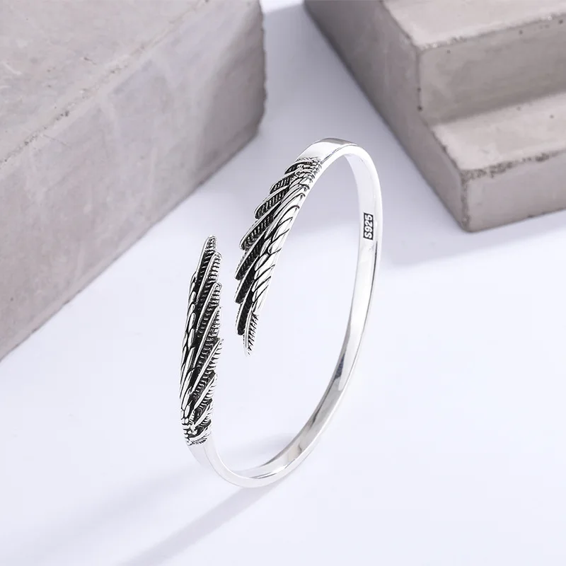 Bracelets rétro en argent thaïlandais, plume simple, argent regardé 925, design personnalisé, ailes, ins, ouverture de carillon, SL102, à la mode kf S874a714f76b547d38a243593ba2d09c7h