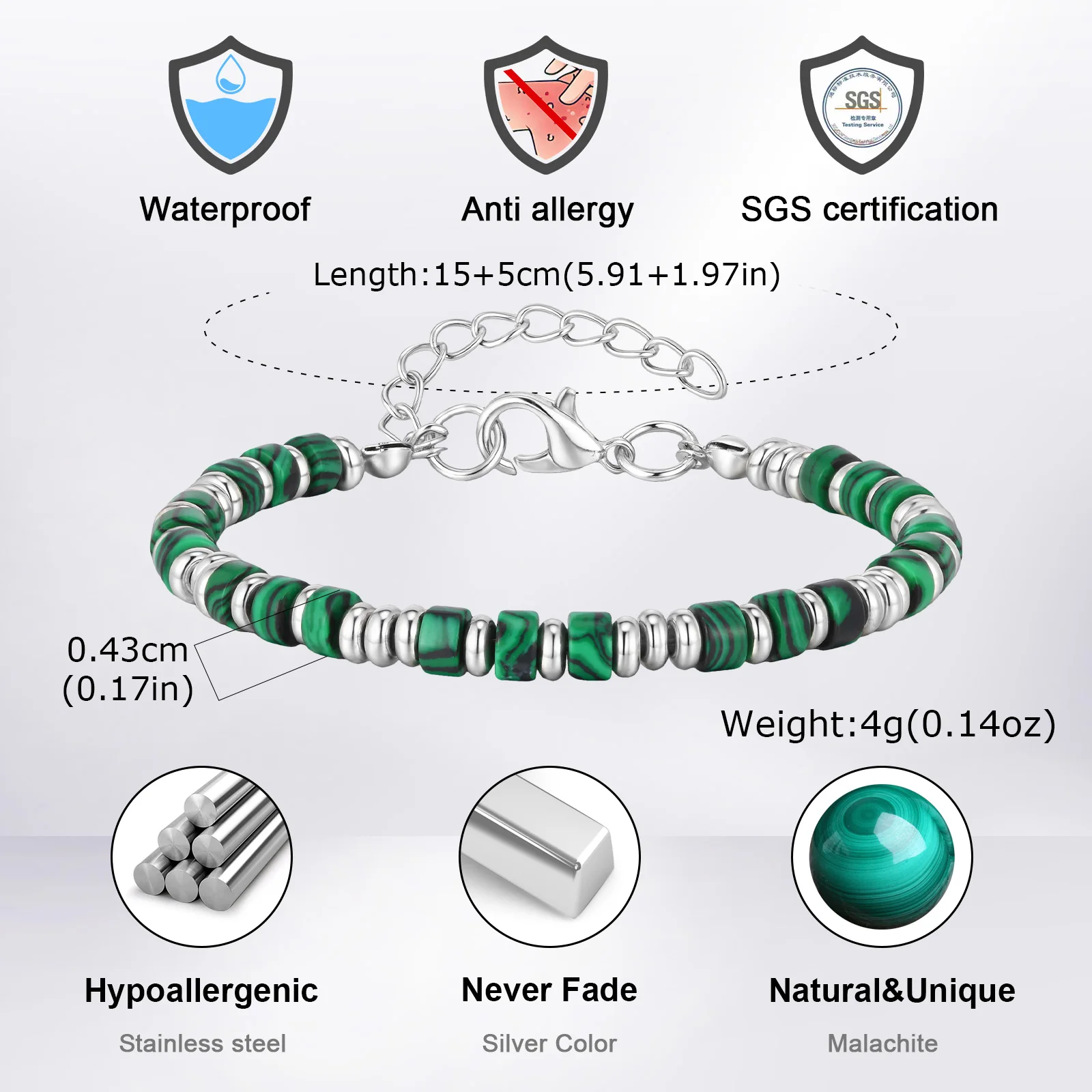 Bracelet classique vintage en pierre naturelle, bracelet réglable en chaîne perlée en acier inoxydable, cadeau de bijoux à la mode pour hommes et garçons kf S904c2c072ded42039059c18f6ec95a2cm