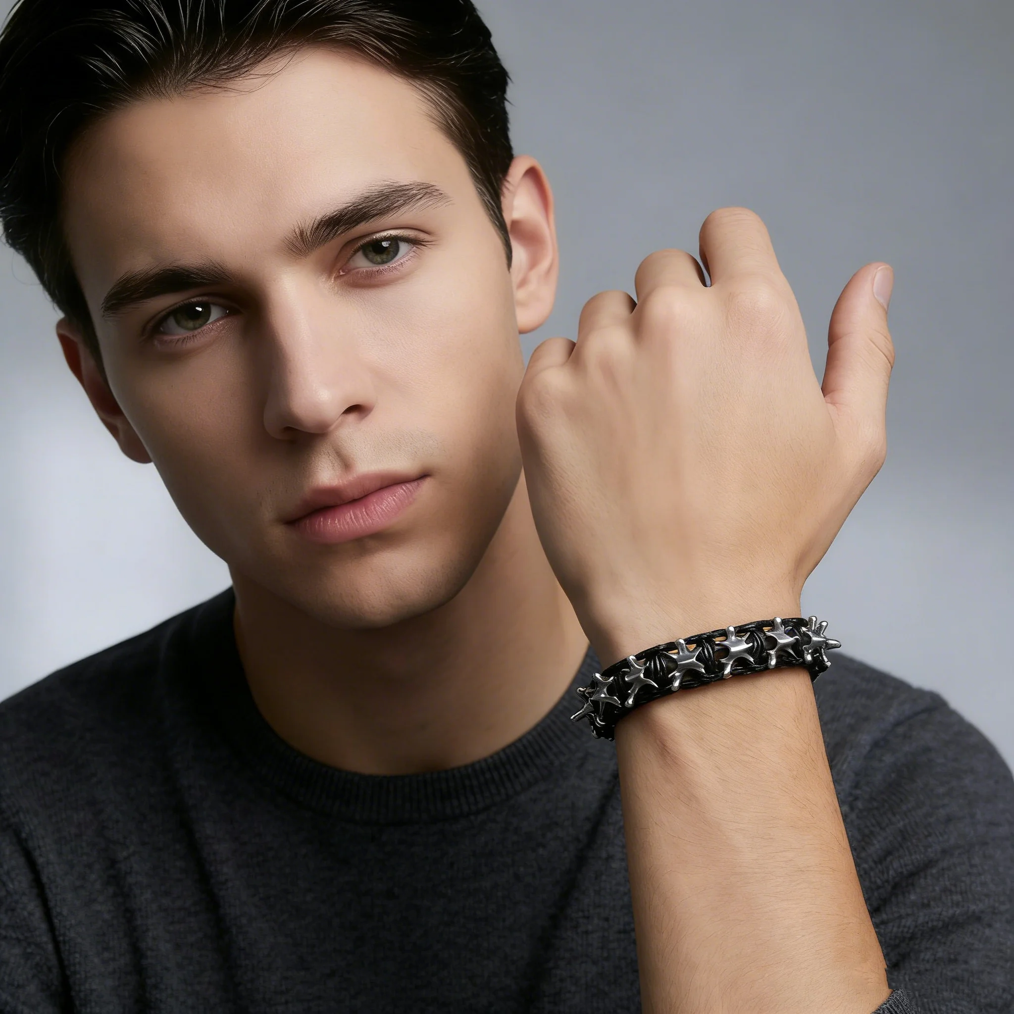 Bracelet ajustable en corde tressée avec épines de dragon gothique en métal pour hommes, bijoux punk hip-hop kf S9c2879318003431a9cc0af4afd1484efm