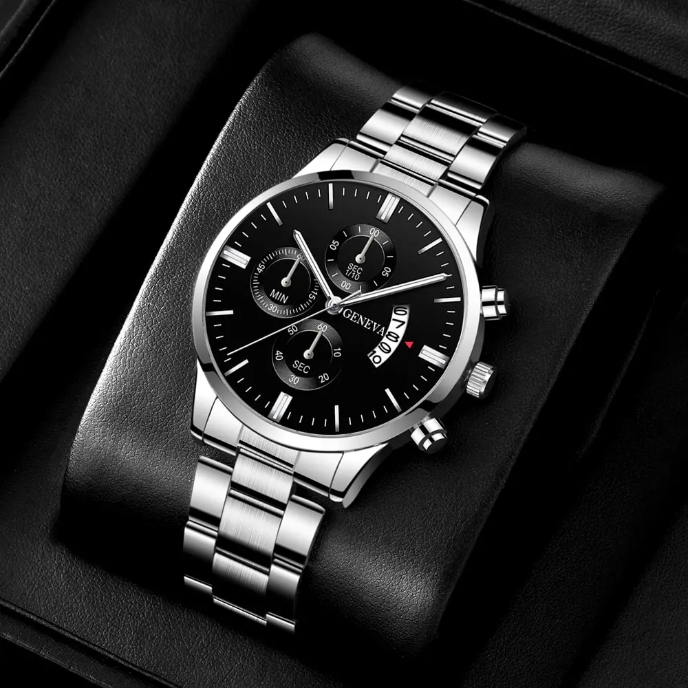 Montre-bracelet à quartz en acier inoxydable pour homme, argent, horloge calendrier, luxe, affaires, mode kf Sa23681f0579e447f8d24da4e7eb011eea