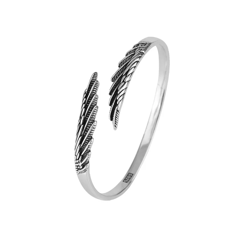 Bracelets rétro en argent thaïlandais, plume simple, argent regardé 925, design personnalisé, ailes, ins, ouverture de carillon, SL102, à la mode kf Sa6409084820d4108816125ab53ac15f8J