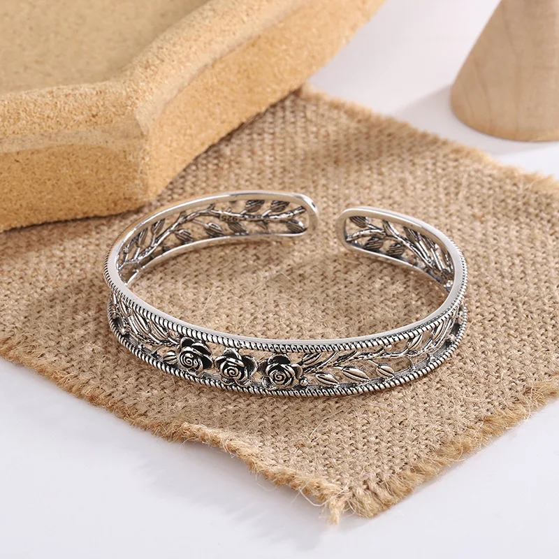 Nouveaux Bracelets creux rétro feuille de Rose, bijoux en argent Sterling 925, personnalité de tempérament, fleur douce, Bracelets d’ouverture TYB119 kf Saf57852283fd4de8b31cd9dedac701eay