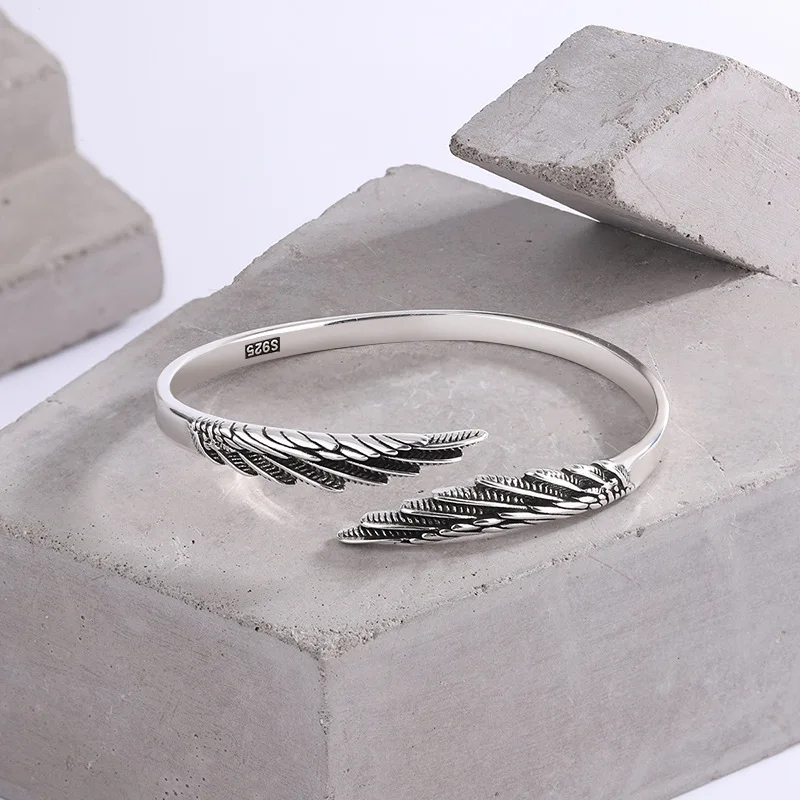 Bracelets rétro en argent thaïlandais, plume simple, argent regardé 925, design personnalisé, ailes, ins, ouverture de carillon, SL102, à la mode kf Sb3bbae1636e74dd8810202749fbe8537r