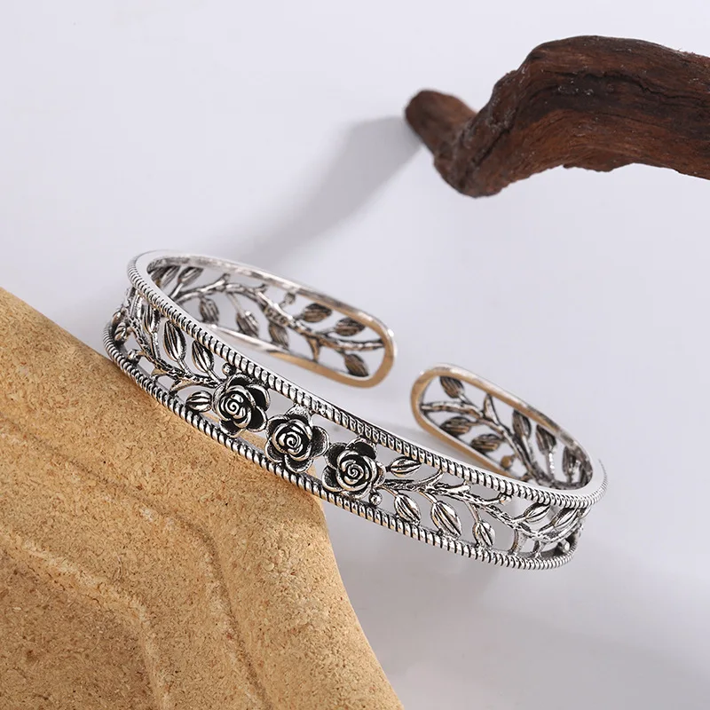 Nouveaux Bracelets creux rétro feuille de Rose, bijoux en argent Sterling 925, personnalité de tempérament, fleur douce, Bracelets d’ouverture TYB119 kf Scbafe03185fd4a37a4c31c533e30d4eac