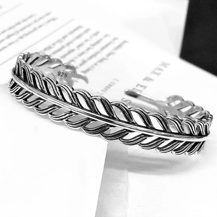 Bracelets à feuilles creuses de personnalité créative, bijoux en argent Sterling 925, rétro, plume, ouverture exquise, TYB127, nouvelle collection kf Se2d49d2547574f24a1c20a2ac35c8590C