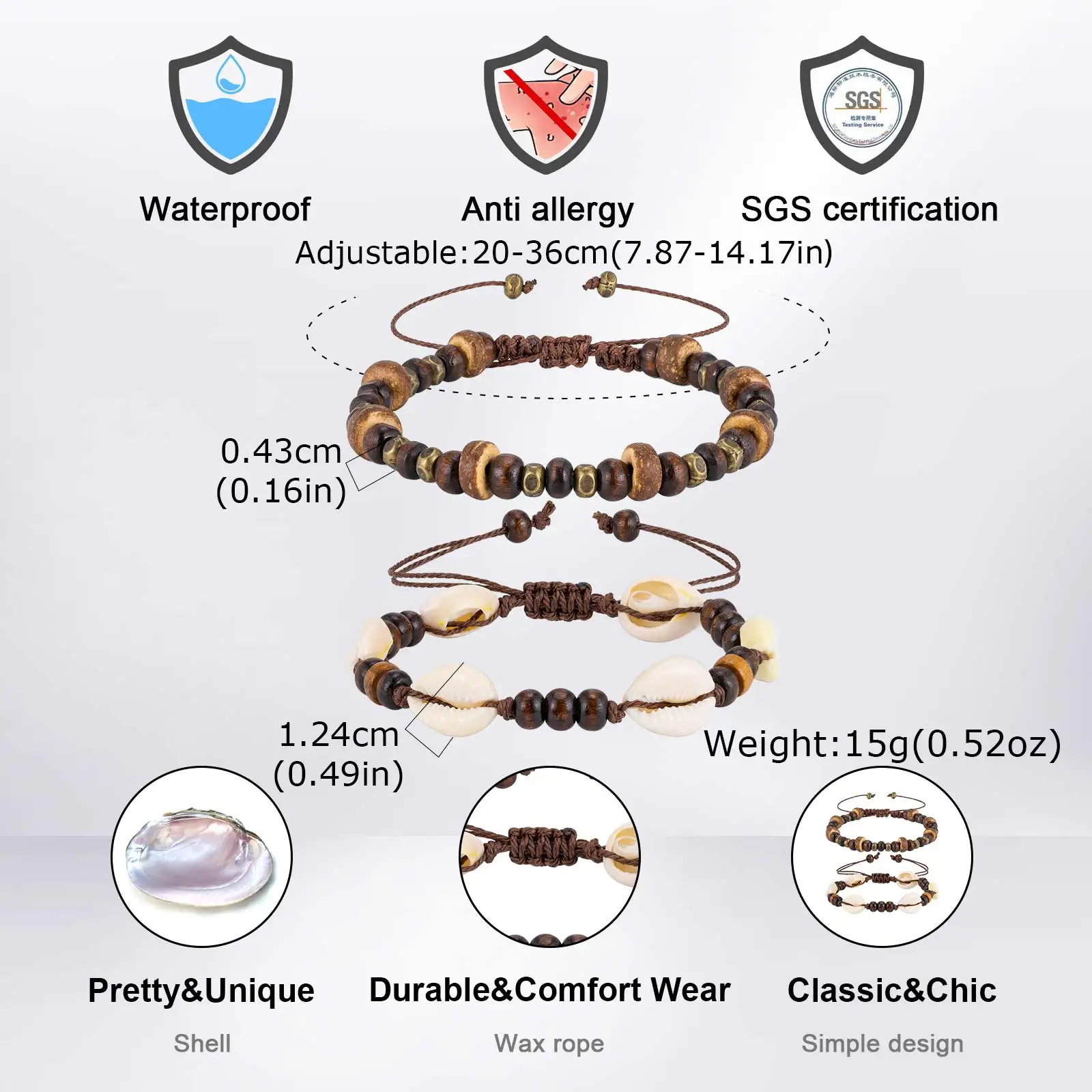 Ensemble de 2 bracelets ajustables en corde tressée avec perles de coquillage et coquille de noix de coco pour hommes, bijoux de mode océanique et de plage, cadeaux kf Se7b52431cd514f88ac346f165a5114694