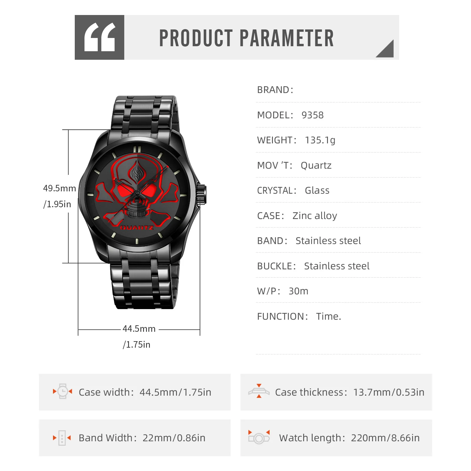 SKMEI Skull Pattern Gothic Style Quartz Cool Mens Dark Casual Waterproof Watches Fashion for Heavy Metal Band Wristwatch 9358 - Image 3