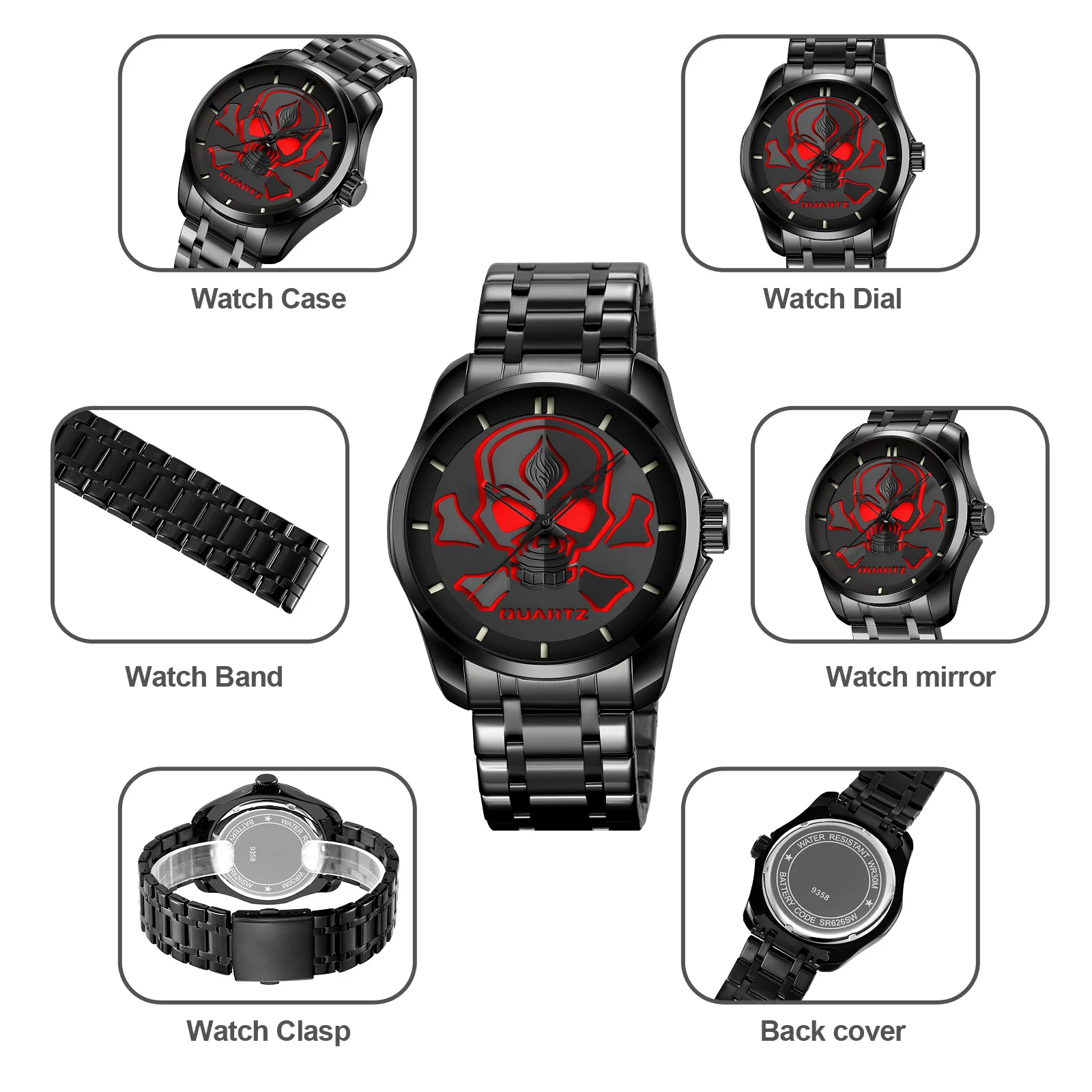 SKMEI Skull Pattern Gothic Style Quartz Cool Mens Dark Casual Waterproof Watches Fashion for Heavy Metal Band Wristwatch 9358 - Image 4