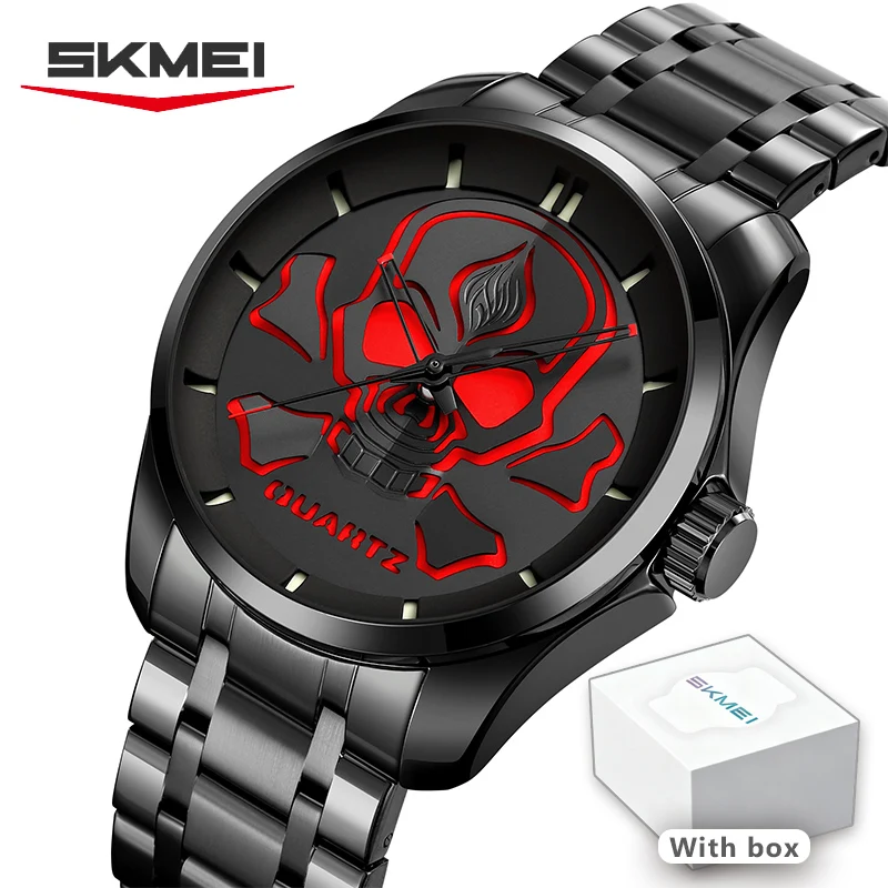 SKMEI Skull Pattern Gothic Style Quartz Cool Mens Dark Casual Waterproof Watches Fashion for Heavy Metal Band Wristwatch 9358